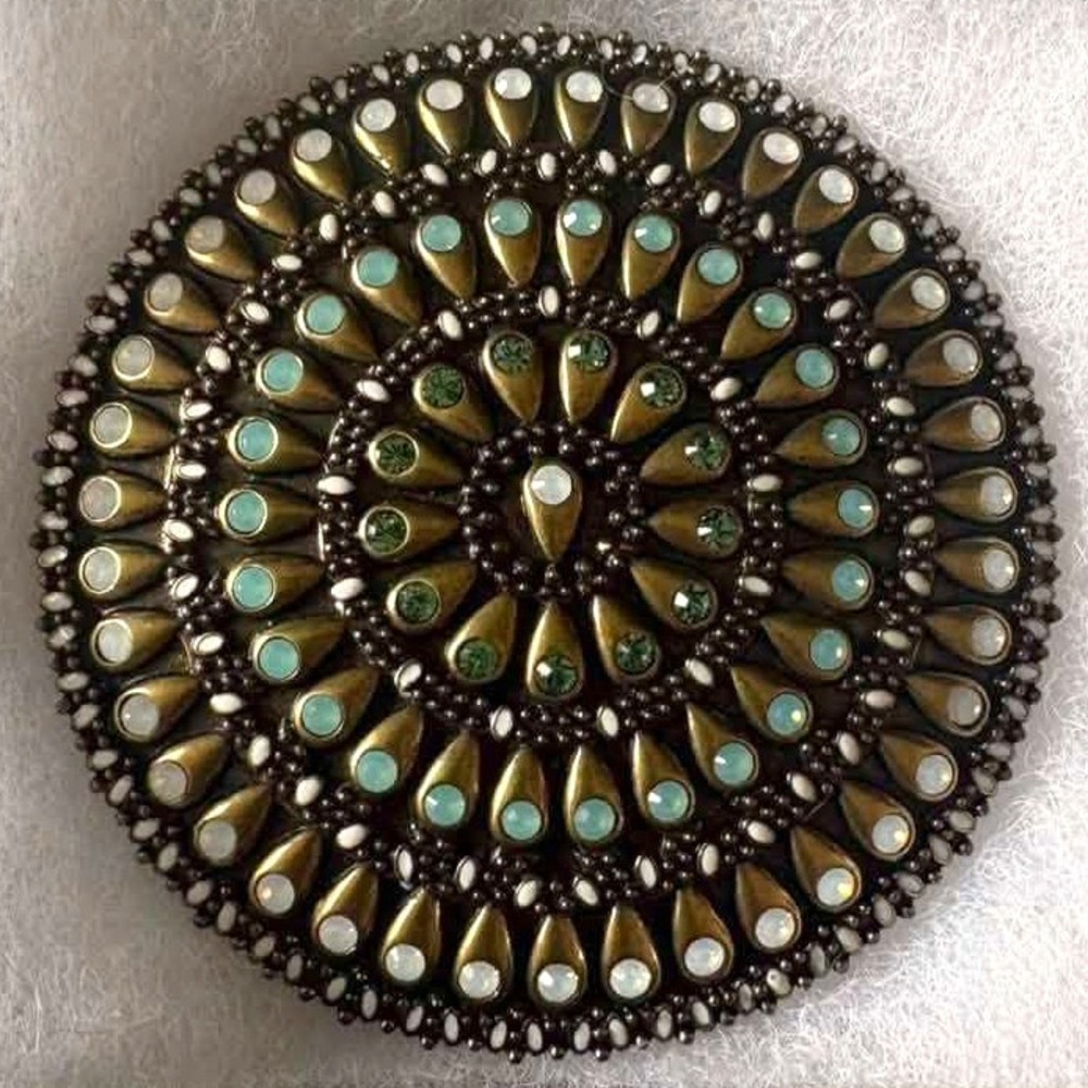 Vintage Round Mandala Belt Buckle Antique Brass Green Rhinestone Boho Western